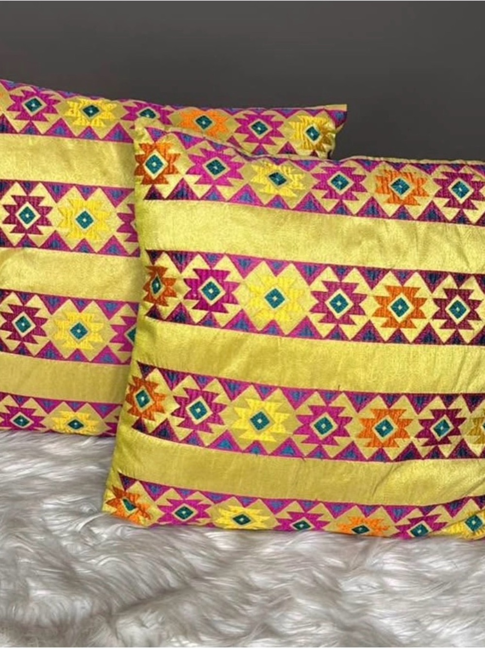 Embroidered Yellow Geometric Accent Pillow - Set of 2